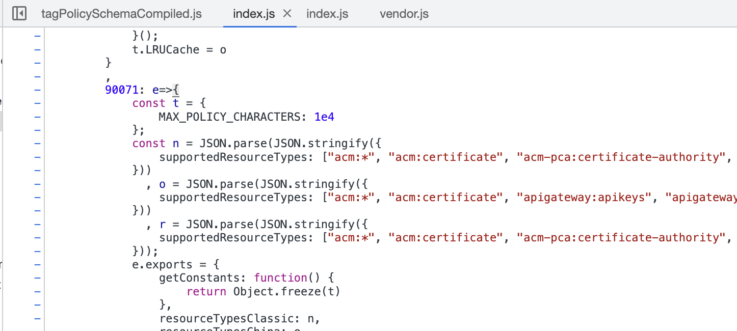 Transpiled JavaScript code showing valid tag resource values