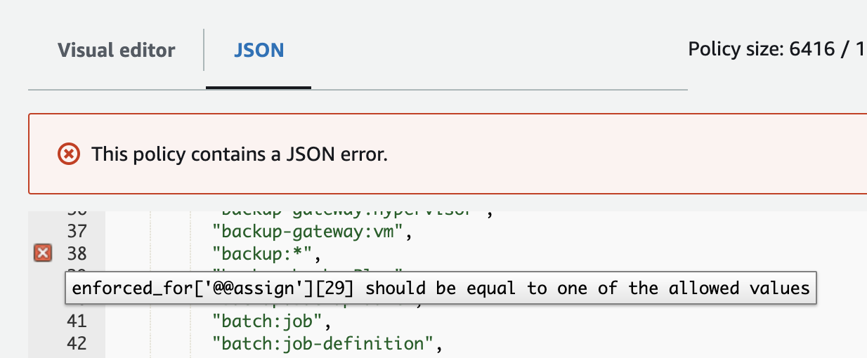 AWS Organizations tag policy editor shows a JSON error - one of the resources specified is not allowed