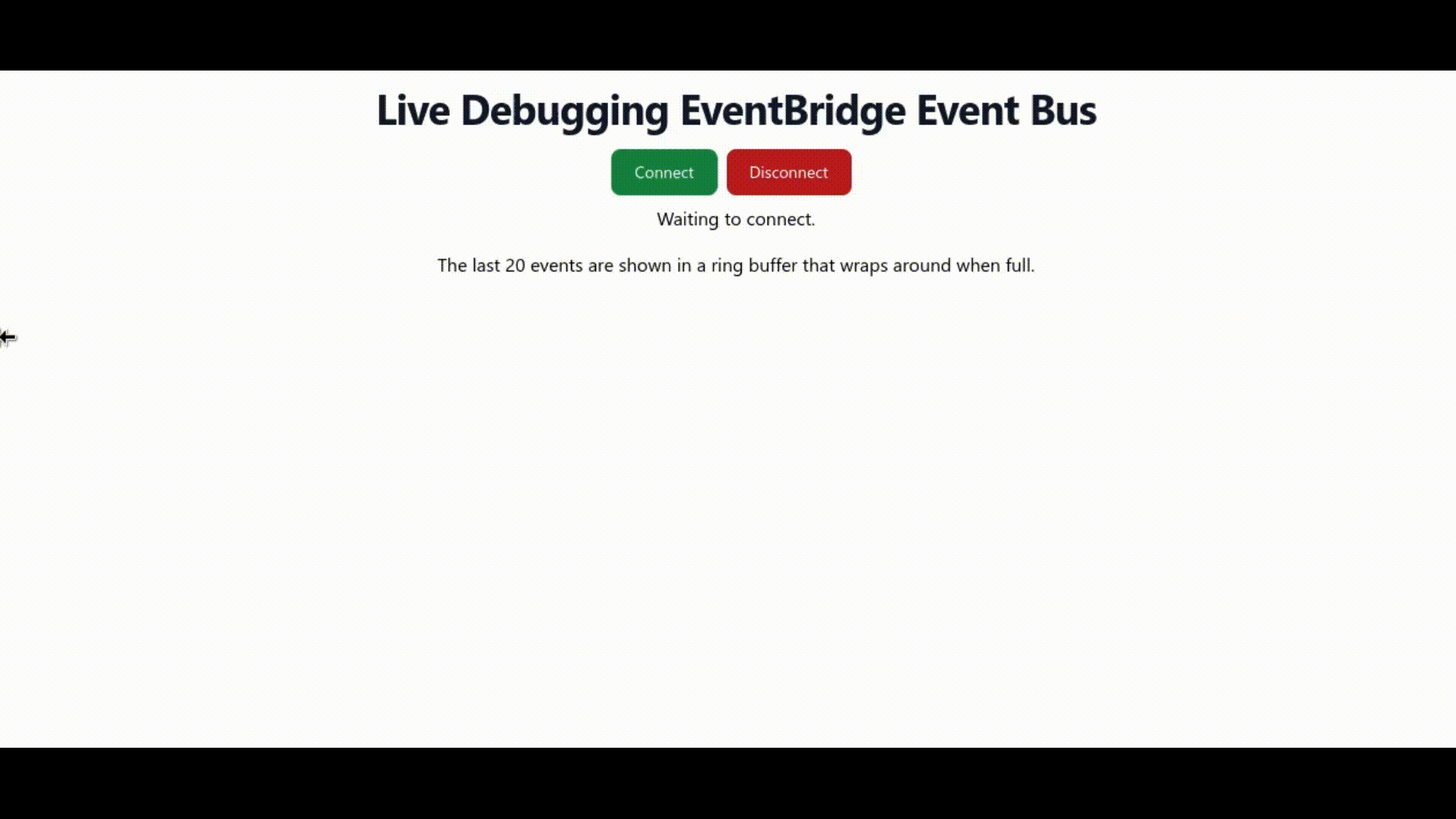 An animation showing events describing products being updated and created arriving on an Event Bus.