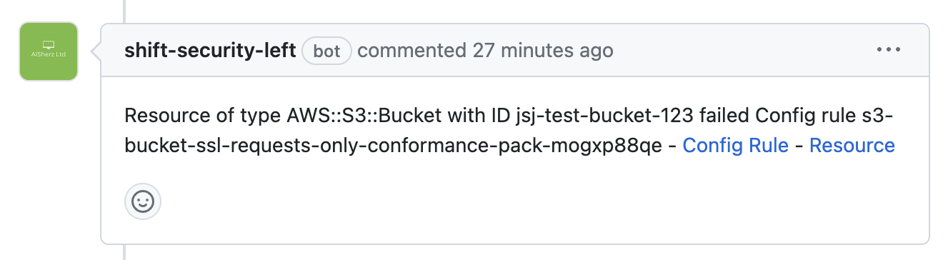 A screenshot from a comment on a Pull Request notifying the user that their S3 bucket is non-compliant