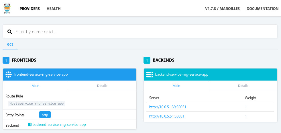The Traefik web UI shows one frontend with the Host service-rng-service-app and one backend with both of our containers