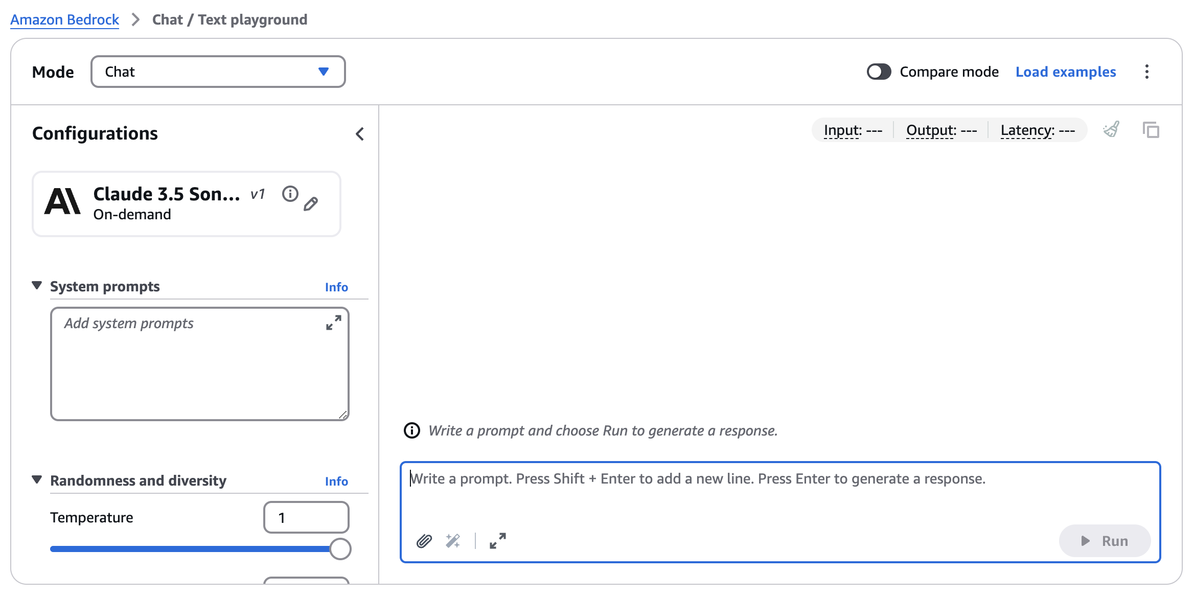 The AWS Bedrock Chat/Text Playground with a 'system' prompt text area and a window that looks like an instant messenger where you can enter text