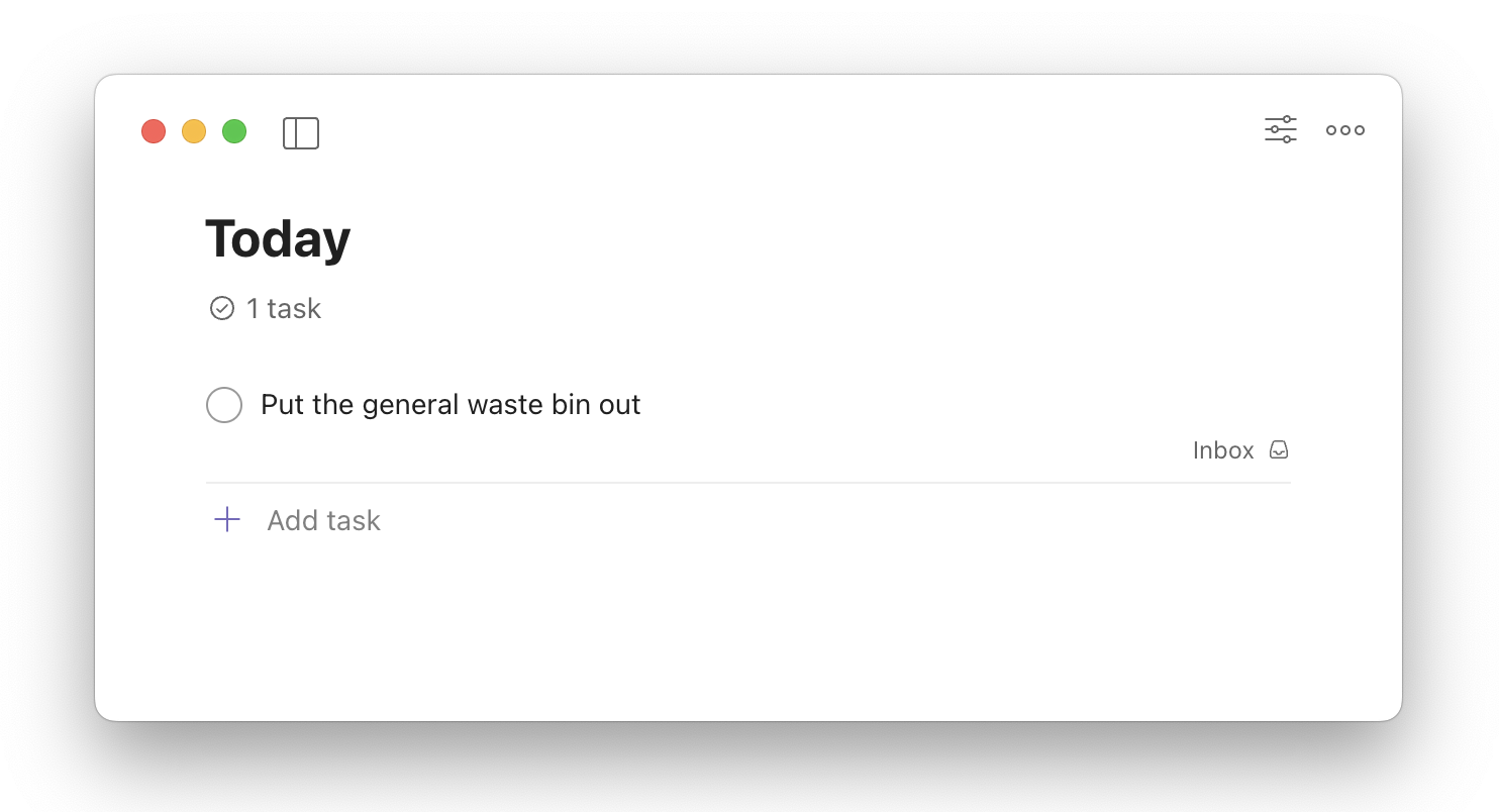 The Todoist UI, showing a task for putting the general waste bin out.